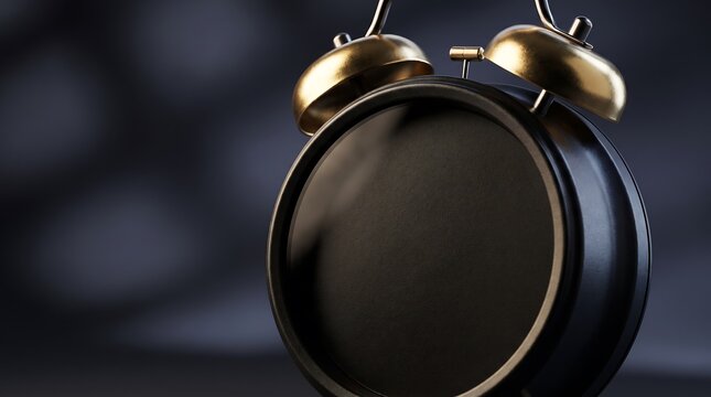 Close-up of vintage black alarm clock with blank face and gold bells on dark blur background for mockup