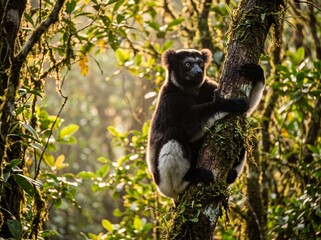 Fototapeta premium Wild Indri Lemur Perched in Madagascar Rainforest Canopy at Sunset