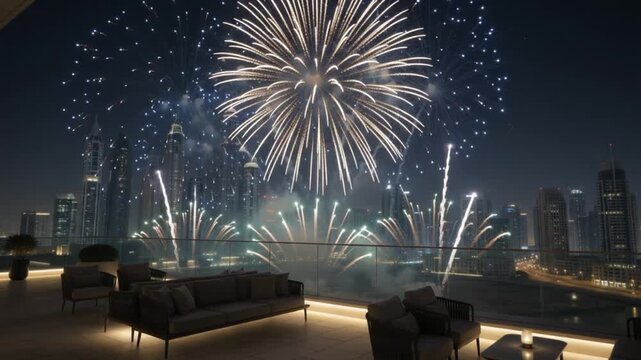 Spectacular firework display illuminating the night sky over a modern metropolitan city skyline viewed from a luxury rooftop terrace lounge with elegant outdoor furniture and scenic urban view.