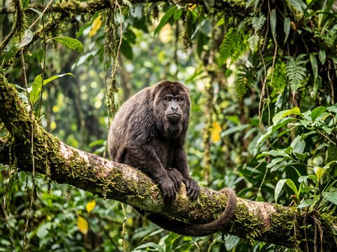 Majestic Howler Monkey Resting Among Sunlit Canopy Leaves in Lush Rainforest