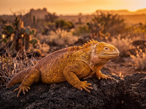 Majestic Yellow Land Iguana Basking Under Warm Golden Hour Sunlight