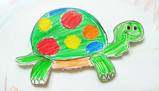 Cute tiny pet turtle drawn by a preschool child, oversized green shell decorated with colorful circles.