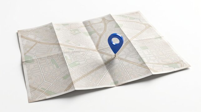 Blue location pin marker on a folded paper city map
