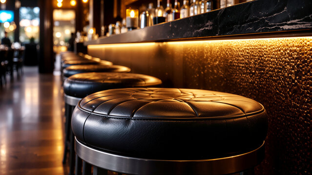 Row of Leather Bar Stools at Modern Luxury Counter with Warm Atmospheric Lighting