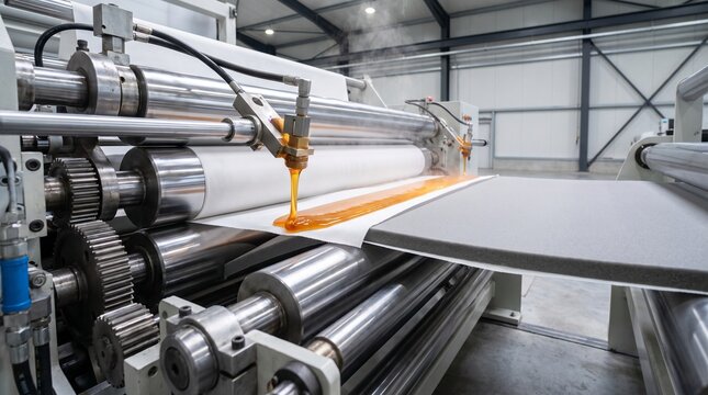 Industrial laminating machine equipment, liquid orange adhesive dispensing on foam roll, applying hot melt resin, manufacturing factory floor, industrial photography