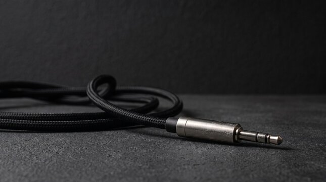 Audio jack cable connector plug, metallic tip with braided black wire cord, lying on textured stone surface, dark studio background, technology photography