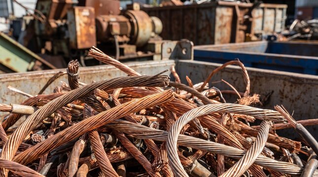 Copper wire scrap bundle, with exposed bright metallic strands, piled in container, at recycling facility, industrial photography