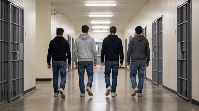 Four young men in hoodies and blue jeans, viewed from behind walking together, walking away down central corridor, in prison hallway with iron cell bars, criminal justice photography