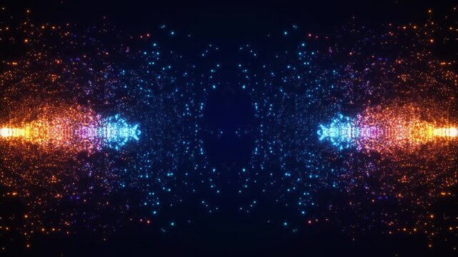 Symmetrical Particle Animation with Blue Digital Orbs and Golden Light Streams on Dark Technology Background