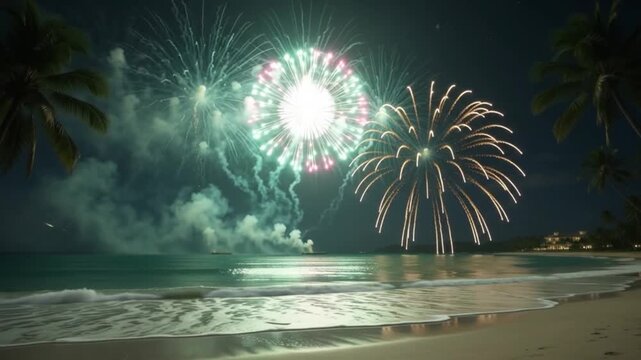 Spectacular fireworks display illuminating the dark night sky over a tranquil tropical beach with palm trees and ocean reflections, perfect for New Year's Eve or summer holiday celebrations.