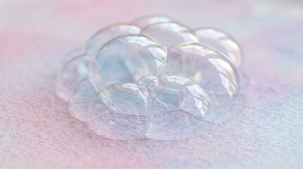 Fototapeta premium A close-up shot of shimmering soap bubbles resting delicately on a soft, pastel-colored watercolor background