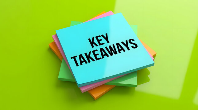 A 3D rendered stack of colorful sticky notes featuring the text KEY TAKEAWAYS on the top blue note placed centrally on a glossy light green background surface for business and education concepts