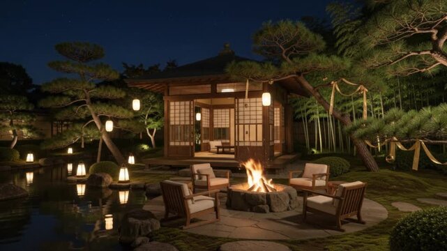 Traditional Japanese Zen Garden at Night Featuring a Glowing Fire Pit with Outdoor Seating, Surrounded by Pine Trees, Lanterns Reflecting in a Tranquil Pond, and a Cozy Wooden House with Shoji Screens