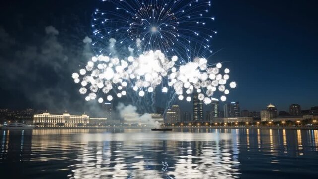 Spectacular multi-colored fireworks display bursting over a modern city skyline and waterfront at night with vibrant light reflections on the water surface during a festive holiday celebration.