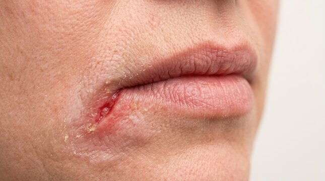 Close-up of Angular Cheilitis Sore at the Corner of a Woman's Mouth