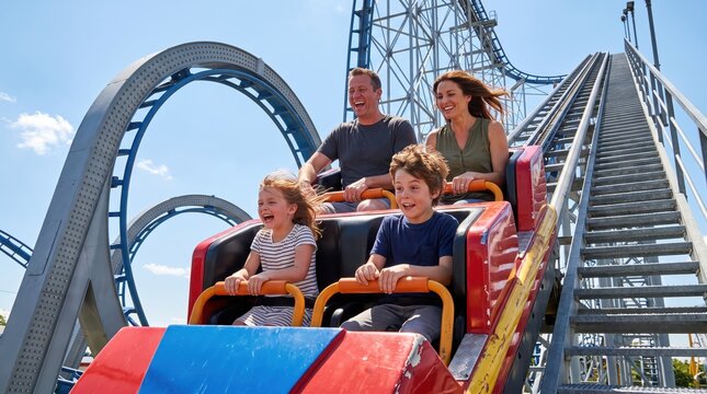 Excited parents and their young children screaming with joy on a thrilling rollercoaster ride in a theme park.