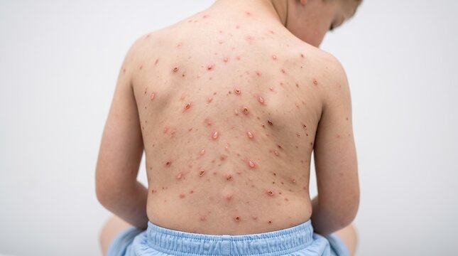Child's Back Covered in Severe Contagious Red Blister Rash from Chickenpox
