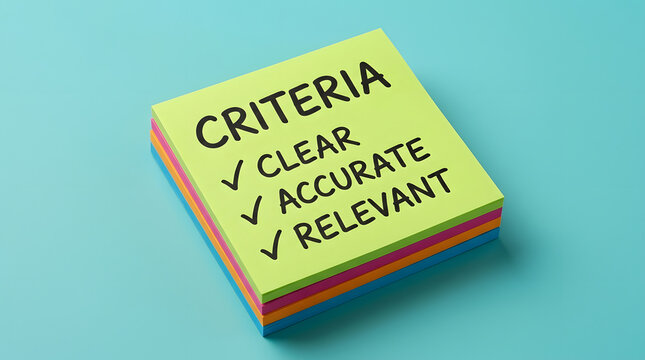 A d rendered illustration of a colorful stack of square sticky notes featuring the word criteria and checkmark icons next to clear accurate and relevant words against a solid turquoise studio