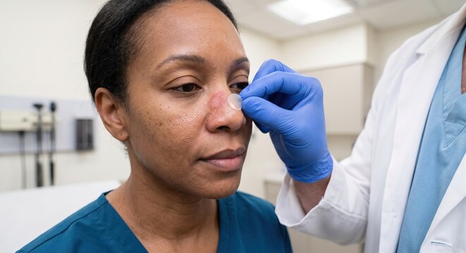 Doctor Applying a Hydrocolloid Healing Patch to a Patient's Nose in a Clinic