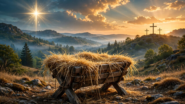 Rustic manger cradle in golden sunrise landscape with three crosses on a misty hilltop, symbolizing birth and salvation