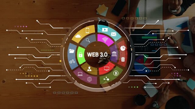 Digital Collaboration and Innovation in Web 3.0 Environment with Colorful Icons and Modern User Interface Elements over Wooden Desk. Entropy.