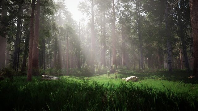 Slow camera pan through a lush giant sequoia forest clearing