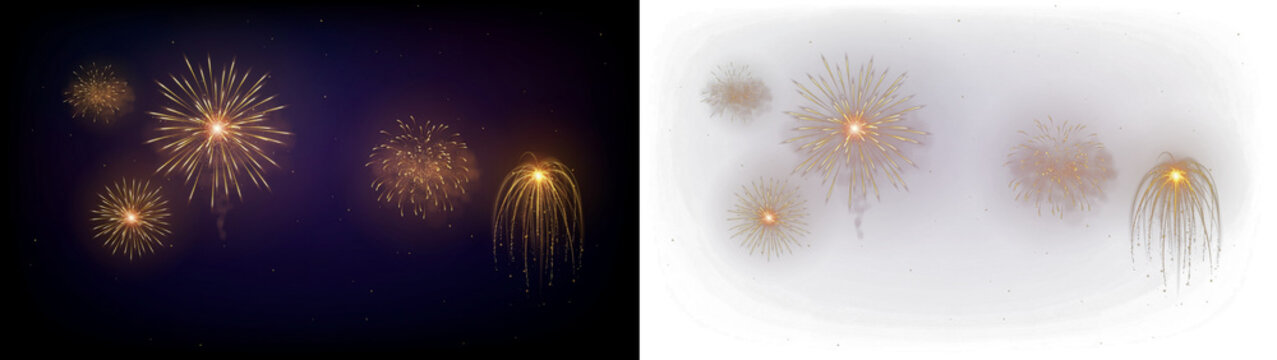 Set of golden fireworks explosions isolated on transparent background, festive pyrotechnic display for celebration, new year or holiday greeting card design elements