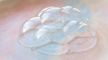 Fototapeta premium Close-up of delicate transparent soap bubbles cluster floating on a soft pastel background