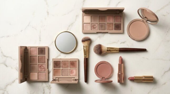 Makeup essentials flat lay for beauty and cosmetics promotion