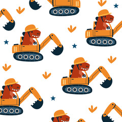 contraction cars  dino rex driver cartoon seamlles pattern kids apparel design © Rizki