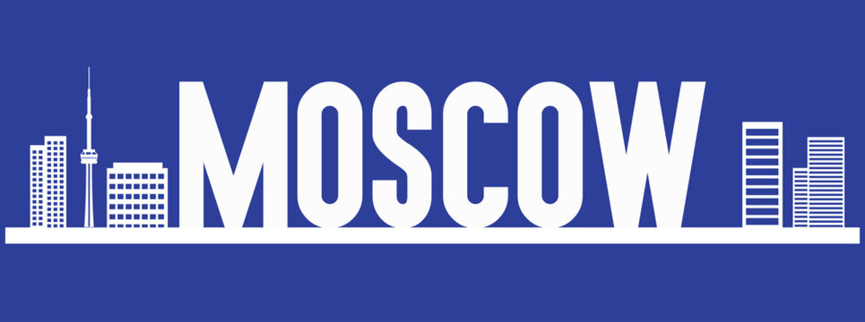 Moscow City Typography Lettering with Famous Landmarks Line Art Concept, Saint Basil Cathedral and Kremlin Skyline Vector Illustration