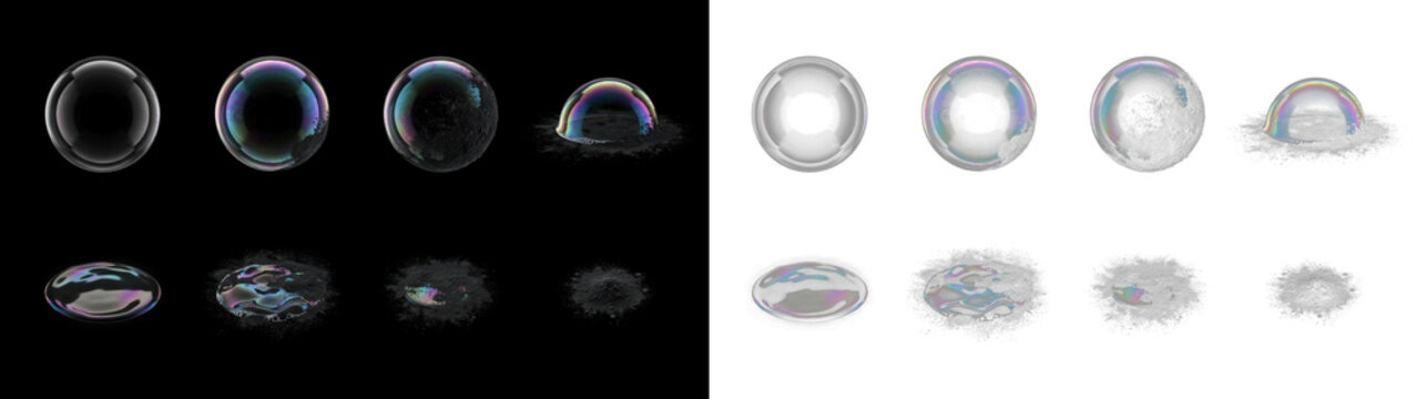 Set of realistic soap bubbles in various states of popping and bursting, showing iridescent film and water droplets, isolated on black and transparent backgrounds