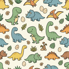 Adorable dinosaur characters and eggs seamless pattern for kids. © ewal