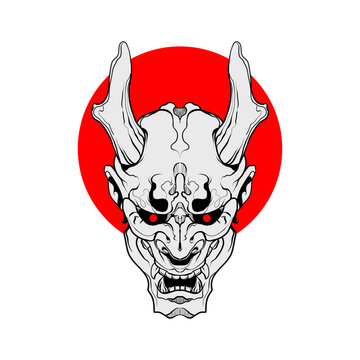 Japanese Oni demon mask illustration with red sun background vector design
