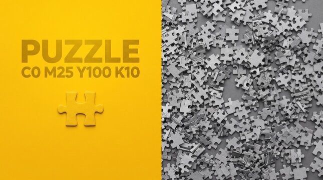 A vibrant yellow puzzle box is shown next to a blurred grayscale image of a forest or trees