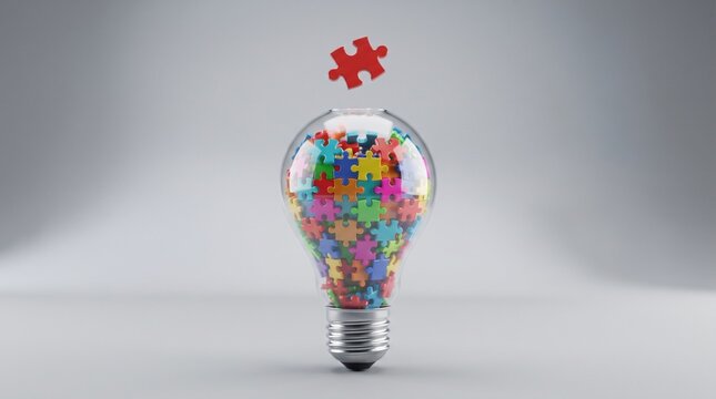 A vibrant and colorful abstract sculpture resembling a vase constructed from interlocking puzzle pieces on a gray background