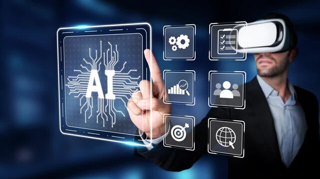 A business professional utilizes virtual reality technology to engage with a futuristic interface, exploring artificial intelligence and data visualization for enhanced productivity. Raster