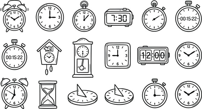 Hand-drawn sketch style time and clock icons set featuring alarm clocks, pocket watches, grandfather clock, hourglass and sundial vector illustration