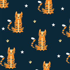 cute cat tiger cartoon seamless pattern kids apparel design © Rizki