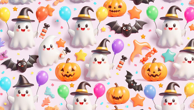 Cute halloween pattern with ghosts pumpkins