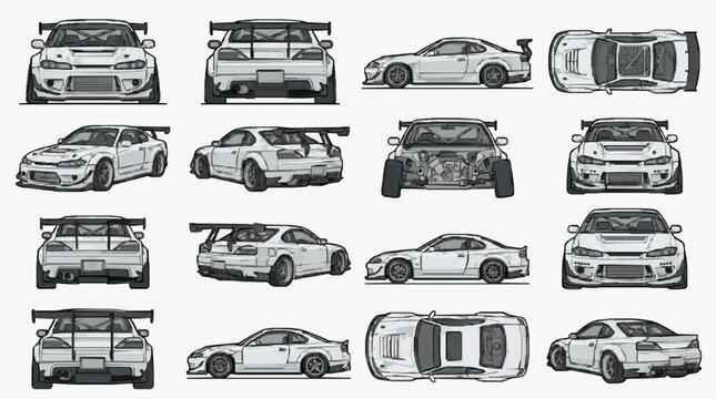 Diverse Sketch Collection of Tuned JDM Sports Cars in Multiple Angles