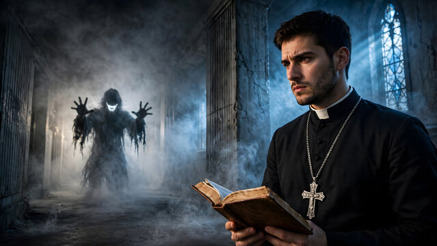 Brave priest holds Bible facing a dark demon spirit in a foggy haunted church, symbolizing faith and spiritual warfare