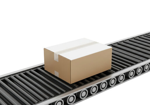 Brown cardboard box on conveyor belt.