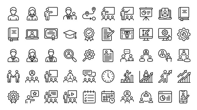 Minimal Trainee Learning and Career Development Line Icon Set Featuring Students Employees Job Training Professional Skills and Workplace Education