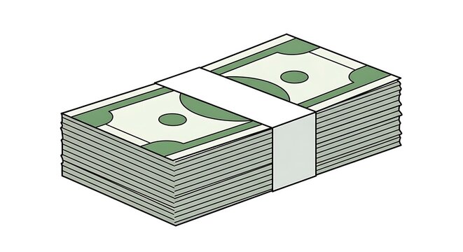 A thick stack of green paper money currency bills bundled with a white paper wrapper band isolated on a white background