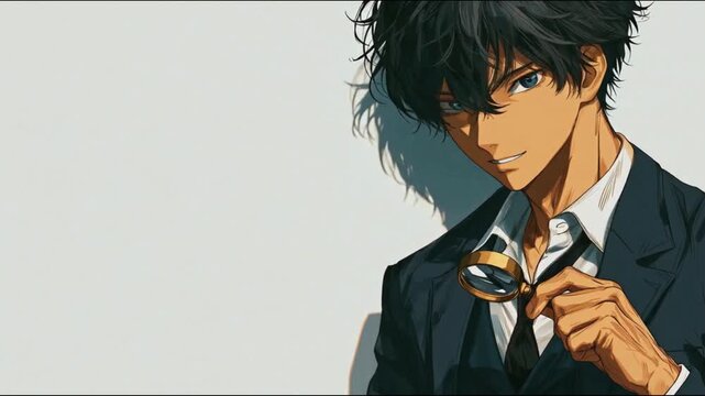 Illustration of a mysterious anime-style male detective peering through a magnifying glass   Illustration of a young, famous detective in a suit smiling while holding a magnifying glass 