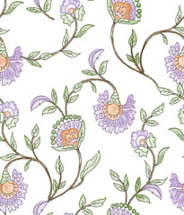 Seamless vintage floral chintz pattern with pastel botanical motifs on white background © omegle image