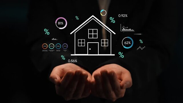Digital Real Estate Analytics and Market Insights Represented by Hands Holding a House Outline with Graphs and Percentages. Entropy.