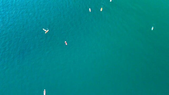 Vivid blue ocean waters host a peaceful gathering of paddleboarders