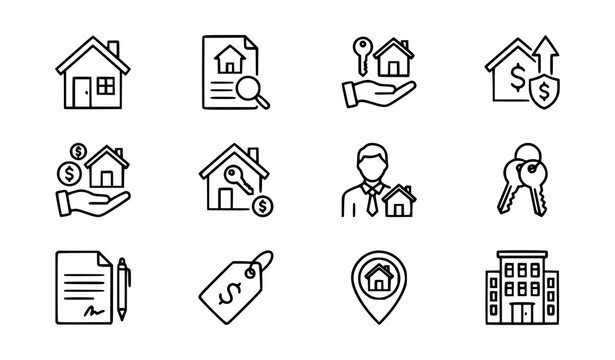 Real estate property house mortgage home loan renting and buying thin line web icon collection